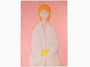 Antonio Bueno - Ritratto di donna con pelliccia e guanti gialli