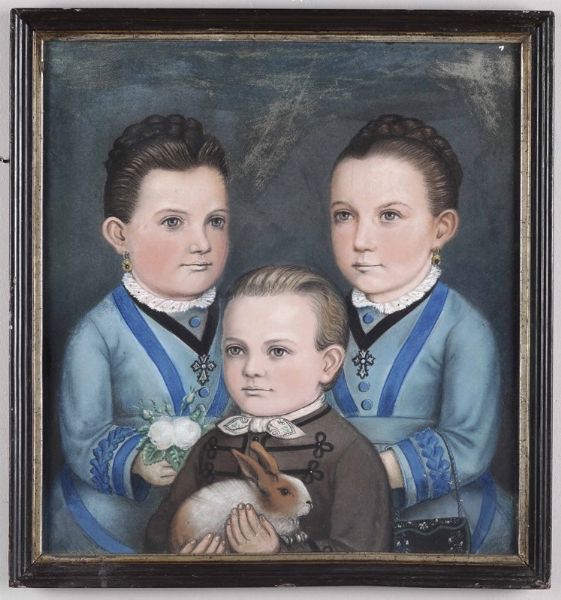Ritratto di due bambine e fratellino con coniglietto  - Asta La dimora romana di Giorgio Forattini - Associazione Nazionale - Case d'Asta italiane