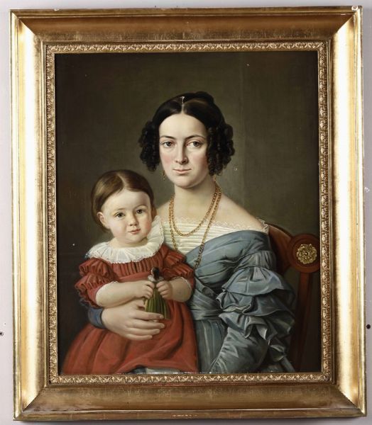 Ritratto di signora in azzurro con bambina in rosso  - Asta La dimora romana di Giorgio Forattini - Associazione Nazionale - Case d'Asta italiane