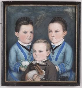 Ritratto di due bambine e fratellino con coniglietto  - Asta La dimora romana di Giorgio Forattini - Associazione Nazionale - Case d'Asta italiane