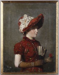 Ritratto di giovane donna in rosso con grande cappello e ventaglio  - Asta La dimora romana di Giorgio Forattini - Associazione Nazionale - Case d'Asta italiane