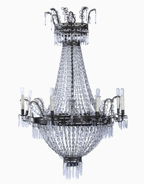 Coppia di grandi lampadari a fontana in metallo e cristalli, XIX secolo  - Asta La villa di campagna di Leonardo Botta - Associazione Nazionale - Case d'Asta italiane