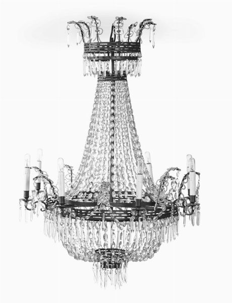 Coppia di grandi lampadari a fontana in metallo e cristalli, XIX secolo  - Asta La villa di campagna di Leonardo Botta - Associazione Nazionale - Case d'Asta italiane