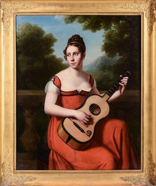 Volpeliere L.P. Julie : Ritratto di gentildonna che suona una chitarra  - Asta La villa di campagna di Leonardo Botta - Associazione Nazionale - Case d'Asta italiane