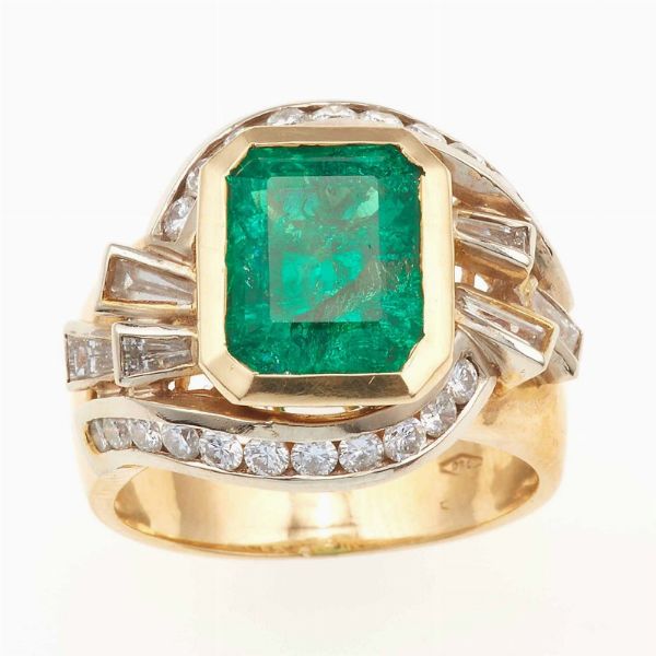 Anello con smeraldo sintetico di ct 5.80 circa con diamanti a contorno  - Asta Asta a Tempo | Gioielli - Associazione Nazionale - Case d'Asta italiane