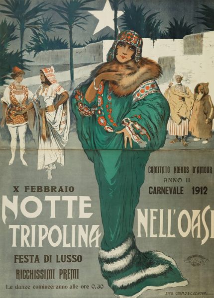 Pipein Gamba - Garuti Giuseppe : NOTTE TRIPOLINA NELLOASI... CARNEVALE 1912  - Asta Manifesti d'Epoca - Associazione Nazionale - Case d'Asta italiane