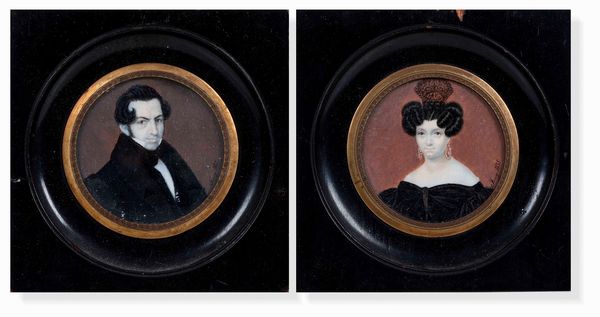 Coppia di miniature con ritratto maschile e femminile, firmate e datate 1835  - Asta Argenti da Collezione - Antichi - Associazione Nazionale - Case d'Asta italiane