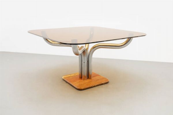 GUIDO FALESCHINI : Tavolo con stuttura in acciaio  base in marmo e piano in vetro. Anni '70 cm 73x127x125  - Asta Asta 175 Design - Associazione Nazionale - Case d'Asta italiane