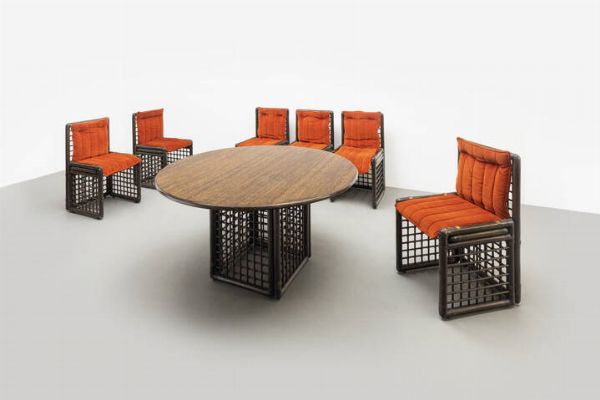 AFRA E TOBIA SCARPA : Tavolo e sei sedie della serie Basilan 1  - Asta Asta 175 Design - Associazione Nazionale - Case d'Asta italiane