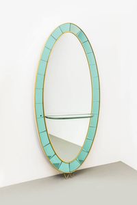 CRISTAL ART - Grande specchiera con mensola e cornice in vetro colorato e ottone. Anni '60 cm 230x110