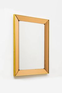 CRISTAL ART - Specchio con bordo in ottone e vetro colorato rosa rettangolare. Anni '60 cm 111x81