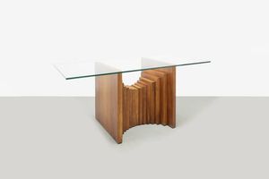 PRODUZIONE ITALIANA - Tavolo con struttura in legno  piano in vetro. Anni '60 cm 75 5x180x90