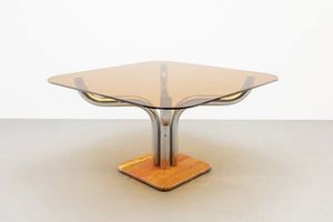 GUIDO FALESCHINI - Tavolo con stuttura in acciaio  base in marmo e piano in vetro. Anni '70 cm 73x127x125