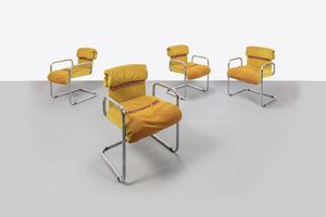 GUIDO FALESCHINI - Quattro sedie in metallo cromato  imbottitura rivestita in velluto. Prod. Mariani anni '70 cm 80x55x60