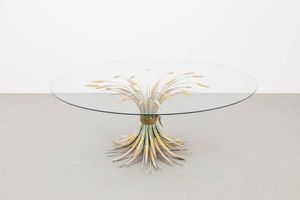 MAISON BAGUES  attribuito - Tavolino con base in metallo verniciato a guisa di fascina di grano  piano in vetro. Anni '50 cm 44x73
