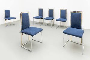 WILLY RIZZO  attribuito - Sei sedie con struttura in acciaio cromato e ottone  rivestinenti in alcantara. Anni '70 cm 100x53x53