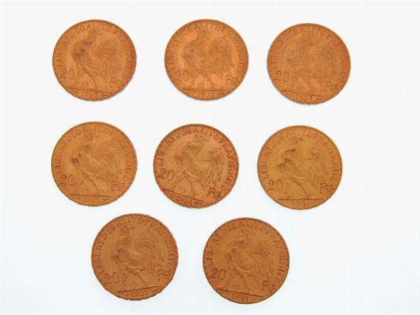 Otto monete da 20 Franchi  - Asta Gioielli, Orologi e Monete d'Oro - Associazione Nazionale - Case d'Asta italiane