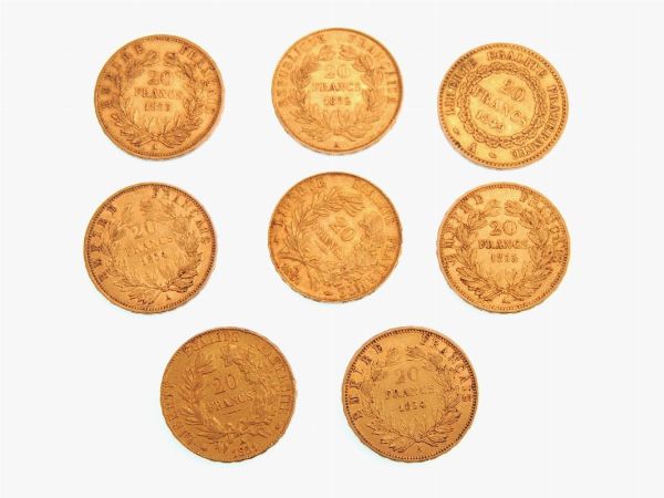 Otto monete da 20 Franchi, II Repubblica (1848-1852), Napoleone III (1852-1870)  - Asta Gioielli, Orologi e Monete d'Oro - Associazione Nazionale - Case d'Asta italiane