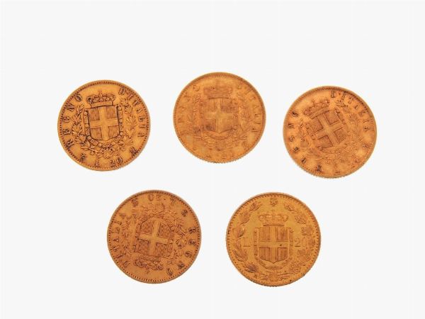 Cinque monete da 20 Lire  - Asta Gioielli, Orologi e Monete d'Oro - Associazione Nazionale - Case d'Asta italiane
