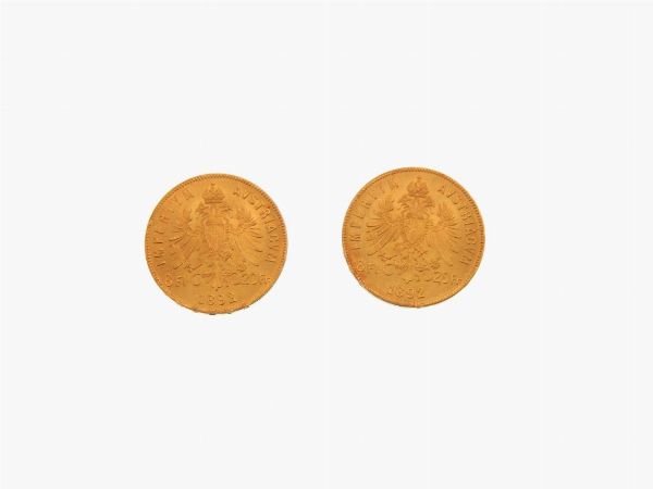 Due monete da 20 Franchi/8 Fiorini, Francesco Giuseppe I (1848-1916)  - Asta Gioielli, Orologi e Monete d'Oro - Associazione Nazionale - Case d'Asta italiane