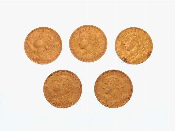 Cinque monete da 20 Franchi  - Asta Gioielli, Orologi e Monete d'Oro - Associazione Nazionale - Case d'Asta italiane