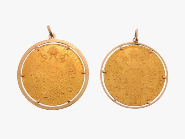 Due monete di 4 Ducati, Francesco Giuseppe I (1848-1916) con montatura in oro  - Asta Gioielli, Orologi e Monete d'Oro - Associazione Nazionale - Case d'Asta italiane