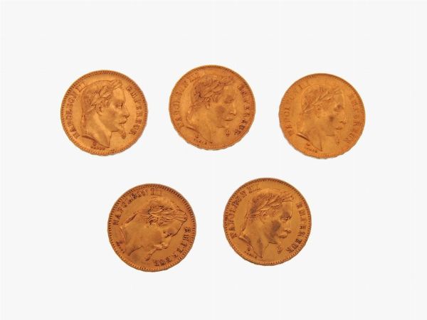 Cinque monete da 20 Franchi, Napoleone III (1852-1870)  - Asta Gioielli, Orologi e Monete d'Oro - Associazione Nazionale - Case d'Asta italiane