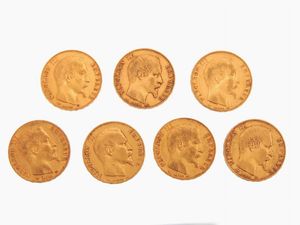 Sette monete da 20 Franchi, Napoleone III (1852-1870)  - Asta Gioielli, Orologi e Monete d'Oro - Associazione Nazionale - Case d'Asta italiane