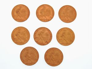 Otto monete da 20 Franchi  - Asta Gioielli, Orologi e Monete d'Oro - Associazione Nazionale - Case d'Asta italiane