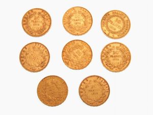 Otto monete da 20 Franchi, II Repubblica (1848-1852), Napoleone III (1852-1870)  - Asta Gioielli, Orologi e Monete d'Oro - Associazione Nazionale - Case d'Asta italiane