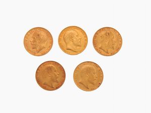 Cinque monete da una sterlina  - Asta Gioielli, Orologi e Monete d'Oro - Associazione Nazionale - Case d'Asta italiane