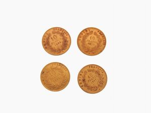 Quattro monete da 10 Franchi, Napoleone III (1852-1870)  - Asta Gioielli, Orologi e Monete d'Oro - Associazione Nazionale - Case d'Asta italiane