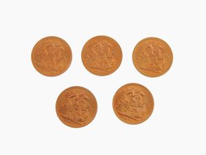 Cinque monete da una sterlina  - Asta Gioielli, Orologi e Monete d'Oro - Associazione Nazionale - Case d'Asta italiane