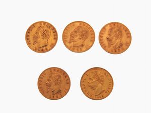 Cinque monete da 20 Lire  - Asta Gioielli, Orologi e Monete d'Oro - Associazione Nazionale - Case d'Asta italiane