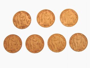 Sette monete da 20 Franchi  - Asta Gioielli, Orologi e Monete d'Oro - Associazione Nazionale - Case d'Asta italiane