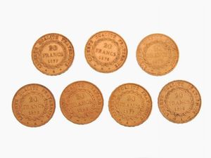Sette monete da 20 Franchi  - Asta Gioielli, Orologi e Monete d'Oro - Associazione Nazionale - Case d'Asta italiane