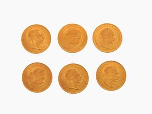 Sei monete da 10 Franchi/4 Fiorini, Francesco Giuseppe I (1848-1916)  - Asta Gioielli, Orologi e Monete d'Oro - Associazione Nazionale - Case d'Asta italiane