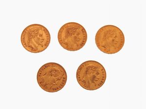 Cinque monete da 20 Franchi, Napoleone III (1852-1870)  - Asta Gioielli, Orologi e Monete d'Oro - Associazione Nazionale - Case d'Asta italiane
