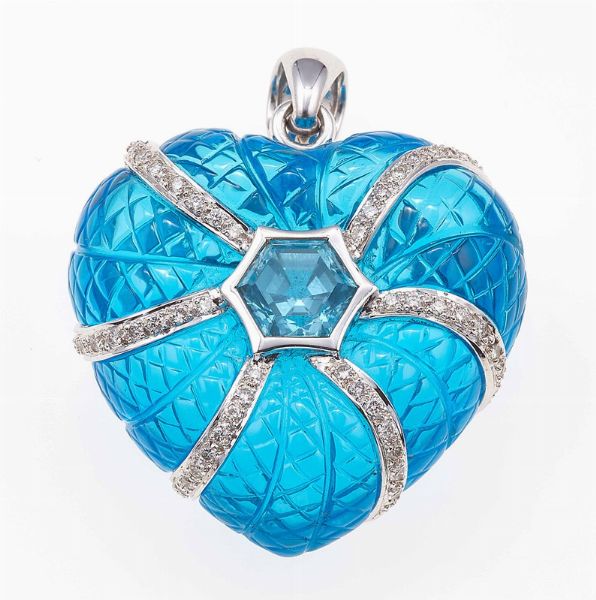 Pendente cuore con piccoli diamanti e vetro blu  - Asta Fine Jewels - Associazione Nazionale - Case d'Asta italiane
