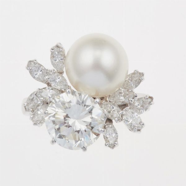Anello con diamante taglio brillante di ct 2.90 e perla coltivata  - Asta Fine Jewels - Associazione Nazionale - Case d'Asta italiane