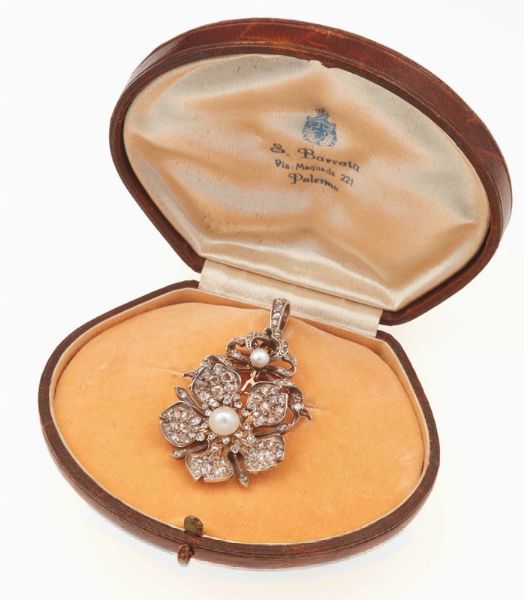 Pendente/spilla con perla e diamanti taglio rosa  - Asta Fine Jewels - Associazione Nazionale - Case d'Asta italiane