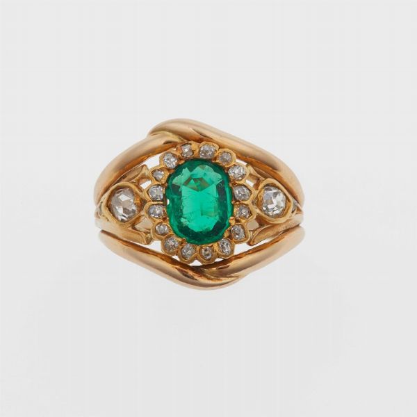 Anello con smeraldo Colombia e diamanti di vecchio taglio  - Asta Fine Jewels - Associazione Nazionale - Case d'Asta italiane