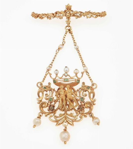 Spilla/pendente con piccole perle e smeraldi  - Asta Fine Jewels - Associazione Nazionale - Case d'Asta italiane