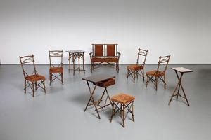 GERVASONI UDINE - Salotto composto da un divanetto, quattro sedie, uno sgabello e tre tavolini anni Cinquanta.
