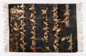 Arte Islamica - Tappeto in lana decorato con derviscio, iscrizione ed uccelli Persia, seconda met XX secolo