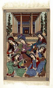 Arte Islamica - Tappeto persiano moderno con scena corteseIsfahan, XX secolo