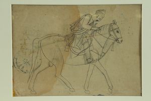 Arte Indiana - Disegno preparatorio fronte e retro raffigurante cavalli e cavaliereIndia, XIX secolo