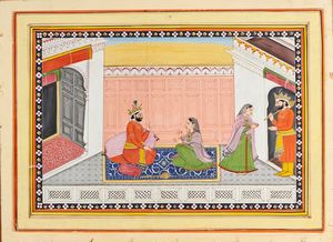 Arte Indiana - Miniatura raffigurante una coppia regale su terrazzaIndia, Pahari, inizio XX secolo Pigmenti e oro su carta