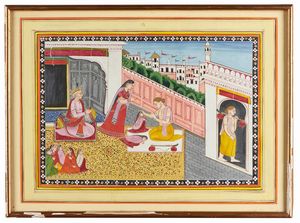 Arte Indiana - Miniatura raffigurante asceta in gesto benedicente India Settentrionale, Pahari, inizio XX secolo Pigmenti e oro su carta