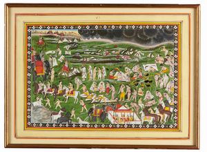 Arte Indiana - Miniatura raffigurante accampamento India Settentrionale, Pahari, inizio XX secolo Pigmenti e oro su carta